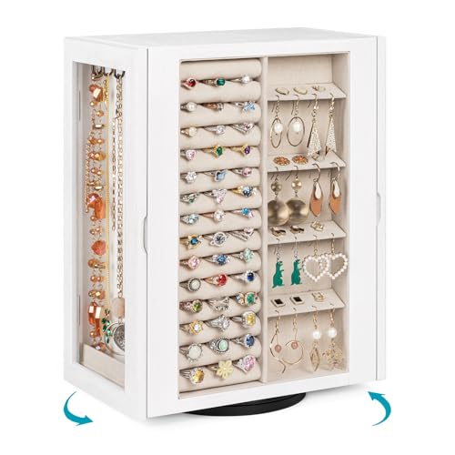 Emfogo 360° Rotating Jewelry Box for Women, Vintage Wooden Large Jewelry Organizer with 5 Drawers, Glass Doors, Vertical Open Design Jewelry Organizers and Storage for Earring Ring Necklace Bracelet - color: Weathered White