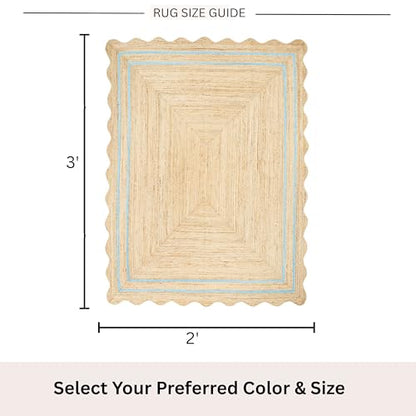Wave Scalloped Jute Rug Entryway Natural Boho Area Rug Sky Blue 2'x3' - color: Sky Blue, size: 2'x3'