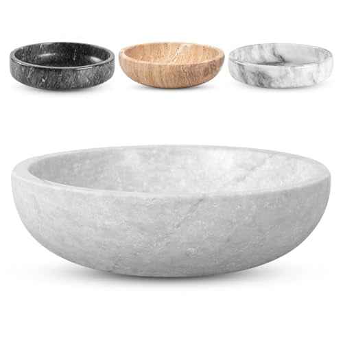 FNTSTICGOODS Travertine Decorative Bowl - 7.8” Diameter & 2” Height - Key Bowl for Entryway Table - Organic Modern Centerpiece - White/Gray - color: White/Gray - Travertine