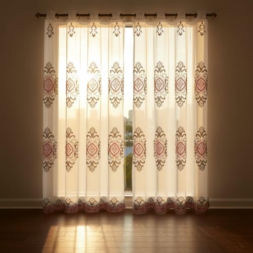 J&V TEXTILES Embroidered Curtain Set, 2 Panel Drapes with Backing & Valance, Medallion Pattern (Pink) - color: Pink