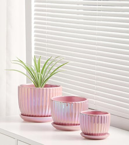 Pink Plant Pots，Ceramic Planters with Drainage Holes and Saucers Set of 3 - color: Pink