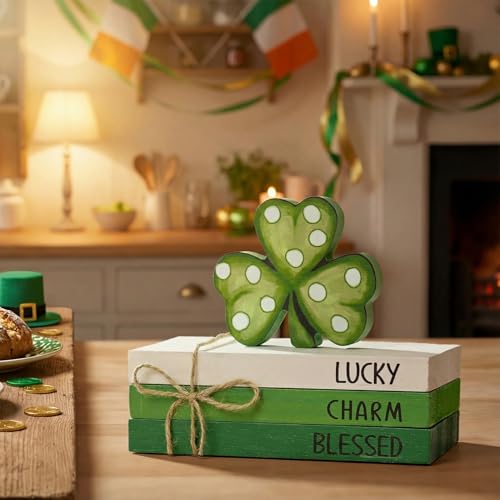 Smile St. Patrick's Day Wooden Decor Blocks LUCKY CHARM BLESSED Shamrock, Tabletop Shelf Wood Sign for Home Office Holiday Lucky Decoration - style: St. Shamrock
