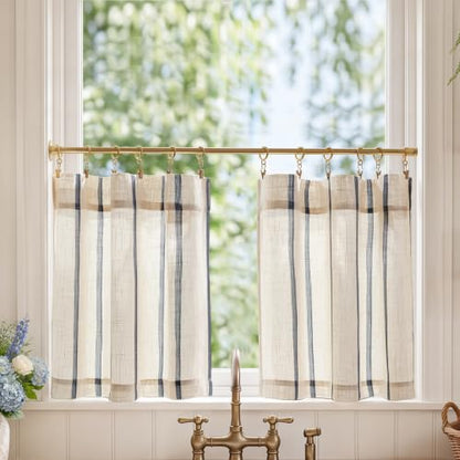 jinchan Linen Striped Tier Curtains for Kitchen Windows Farmhouse - color: Shadow Stripe | Blue on Linen, size: 26"W x 24"L (Pack of 2)