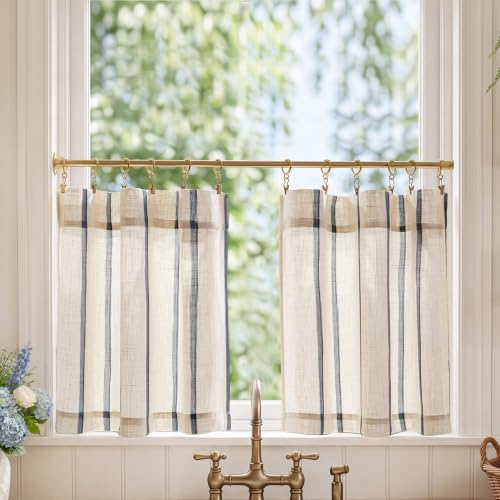 jinchan Linen Striped Tier Curtains for Kitchen Windows Farmhouse - color: Shadow Stripe | Blue on Linen, size: 26"W x 24"L (Pack of 2)