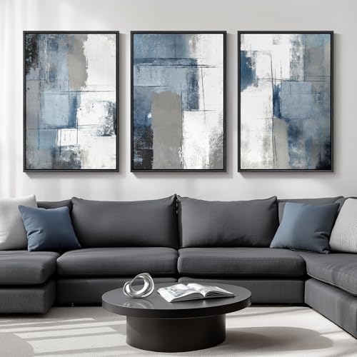Large Framed Blue and Gray Abstract Wall Art for Living Room, 3 Piece 24x36 - color: Ash Blue Balance, size: 24" W x 36" H x 3Pcs