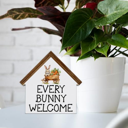 Easter Home Decor, Every Bunny Welcome House Shaped Wood Block Sign - color: bunny