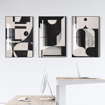 QKF 3Pcs Black White Geometric Textured Crystal Framed Canvas Wall Art Set - color: Retro Black And White, size: 20" X 28" X 3 pieces