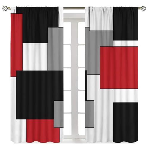 Red Black Grey Curtains, Abstract Square Geometric Pattern Texture Window Treatments for Kitchen Bedroom Living Room 2 Panel Sets,42x45 Inch Decor - color: Geometric-11, size: 21"W x 44.5"L (Pack of 2)