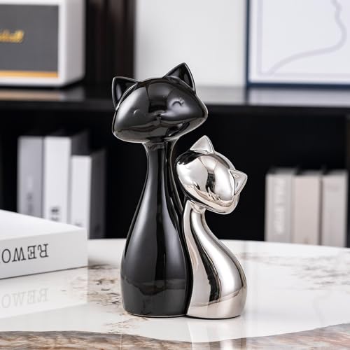 SURE YUESI Ceramic Cat Statue Set of 2, Black & Silver Cute Cat Figurines, Desk & Shelf Decor for Cat Lovers, Office Home Decor, Lucky Cat Memorial Gift for Women