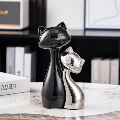 SURE YUESI Ceramic Cat Statue Set of 2, Black & Silver Cute Cat Figurines, Desk & Shelf Decor for Cat Lovers, Office Home Decor, Lucky Cat Memorial Gift for Women
