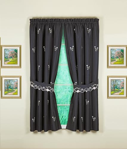 Today's Curtain Verona Reverse Embroidery Panel Pair and Tiebacks, 63", Black/Rose, 80" W X 63" L - color: Black/Rose, size: 80"W x 63"L (Pack of 1)
