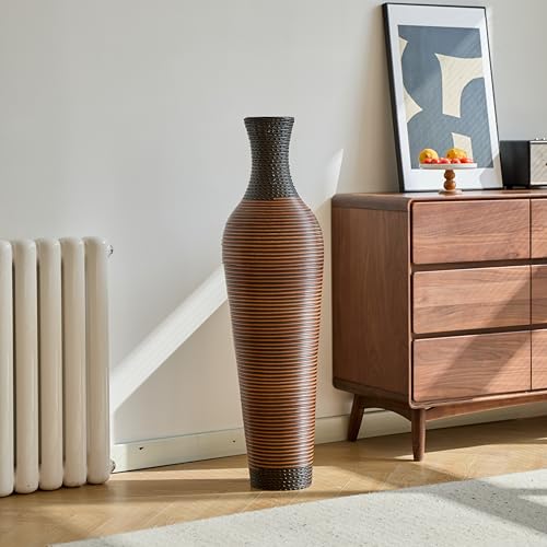 39" Hand-Woven PVC Rattan Floor Vase, Brown Tall Decorative Vase for Home Decor, Farmhouse Boho Entryway Living Room Office Statement Vase for Pampas Grass Dried Branch Display