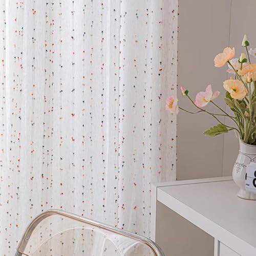 거실용 다채로운 스트라이프 폼폼이 있는 리넨 시어 커튼 - color: 화이트., size: 52"W x 84"L (Pack of 2)