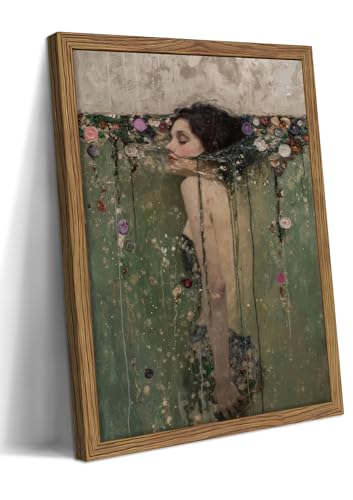 Vintage Woman Wall Art, Dark Academia Woman in Water Canvas Wall Decor Painting, Victorian Goth Floral Artwork Prints Pictures for Living Room Bedroom 12x16 Inch Wood Framed - color: Pink Pool, size: 16"L x 12"W