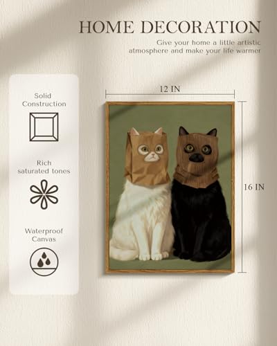 WHASAYART Whimsical Cats Wearing Paper Bag Masks Wall Art Framed 12"×16" - color: Masked Two Cats, size: 16"L x 12"W