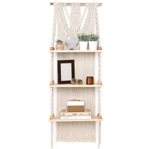 Macrame Wall Hanging Shelf 3 Tier - Boho Bedroom Decor | Macrame Wall Decor | Boho Shelf Decor, Hanging Shelves for Wall, Woven Rope Floating Wood Shelves & Storage for Small Plants - size: 3 Tier