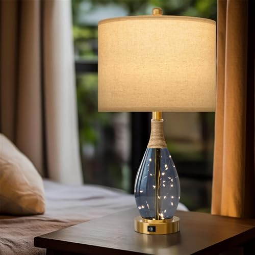 OYEARS 23" Table Lamps for Living Room Set of 2 Bedside Lamps for Night Stands Bedroom Lamps Farmhouse Rattan Boho Lamp Glass Nightlight End Table Lamp with USB C+A (Blue),Two Light Points - color: Blue