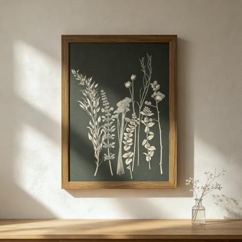YBYBEST 12 x 16 Inch Framed Vintage Wildflower Wall Art, Ivory Botanical Herbarium Canvas Print with Warm Brown Solid Wood Frame for Bedroom and Entryway - color: Ivory Two, size: 16"L x 12"W