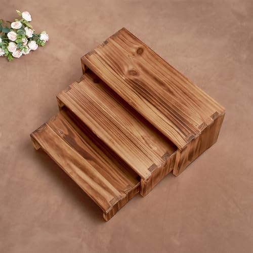 DAOYOUSKY Set of 3 Wooden Rustic Cupcake Stand for 24 Cupcakes, Stepped Wood Display Stand for Weddings, Tiered Party Buffet Table Display Nesting Riser for Food , Dessert, Cookie, Craft Show, Burnt - color: Burnt