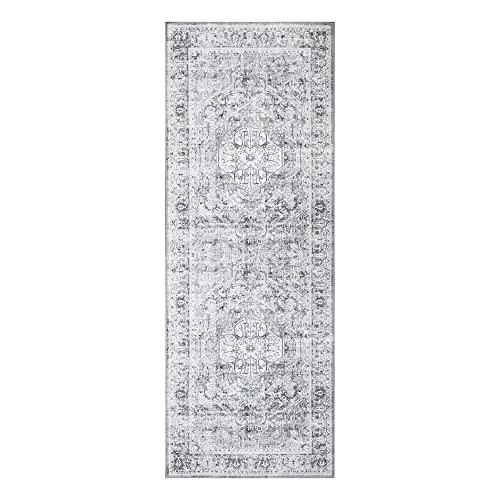 Bloom Rugs Washable Non-Slip 7 ft Runner - Gray/Charcoal Traditional Medallion Runner for Entryway, Hallway, Bathroom, and Kitchen - Exact Size: 2.5' x 7' - color: Gray / Charcoal, size: 2'6" x 7' (Runner)