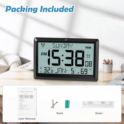 SZELAM Atomic Clock,10.5"Large Display Digital Wall Clock Battery Operated,Digital Calendar Auto Setting Desk Clocks with Indoor Temperature,Humidity,Date,Day,Auto DST for Elderly Bedroom-No backlight - color: 10.5" Atomic