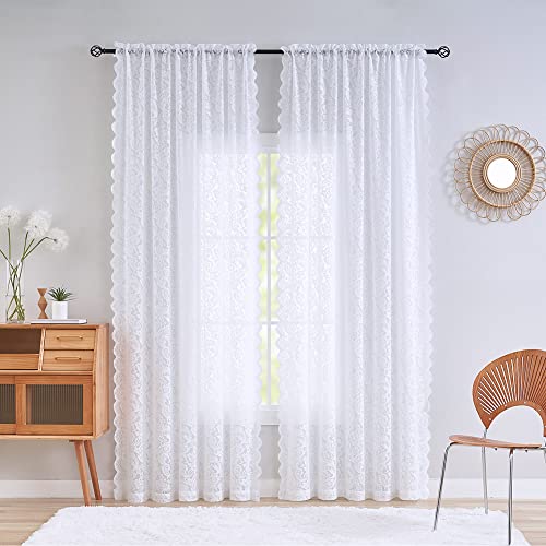 ALIGOGO White Sheer Curtains 90 Inches Long, Vintage Floral 2 Panles - color: White 1, size: 52"W x 90"L (Pack of 2)