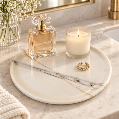 Marmor Natural Calacatta Marble Tray, Luxury Vanity Tray for Bathroom Counter, Perfume Organizer, Jewelry Tray, Candle Holder Decor, Kitchen Countertop Organizer, Elegant Home Decorative Tray Gift - color: Calacatta Gold Marble Round Plate