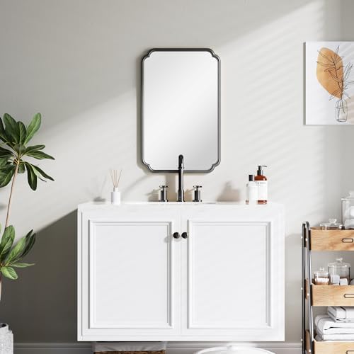 Ferytange 22x34 Inch Black Bathroom Mirror, Metal Framed Wall Mirror with Rounded Edges, Rustproof Horizontal Vertical Hanging for Vanity Over Sink - color: Black, size: 34"L x 22"W
