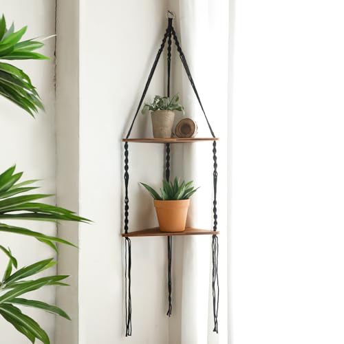 Artilady Corner Shelf Macrame Wall Hanging Balck, Boho Wood Storage Decor - color: Black Shelf - 2 Tier