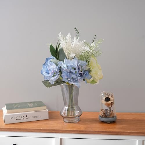 LUEUR Artificial Blue Hydrangea Flowers in Vase Centerpiece – Coastal Style - color: Green & Yellow