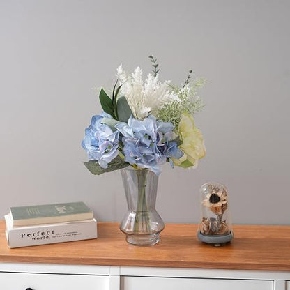 LUEUR Artificial Blue Hydrangea Flowers in Vase Centerpiece – Coastal Style - color: Green & Yellow