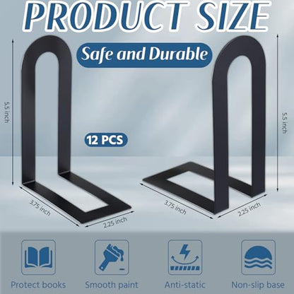 Chunful 12 Pcs Black Metal BookEnds Shelves, 5.5 x 3.75 x 2.25 in - color: Black, size: 5.5*3.75*2.25inch
