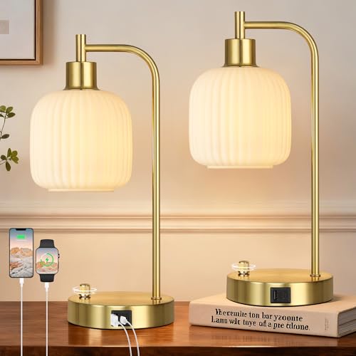 Cream Glass Table Lamps Set of 2, Dimmable Bedside Lamps for Living Room - color: ‎Gold&‎Cream