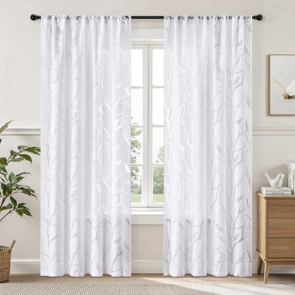 HOMEIDEAS White Semi Sheer Curtains 96 Inches Long,Birds on Branch,2 Panels - color: White - Birds on Branch, size: 52"W x 96"L (Pack of 2)