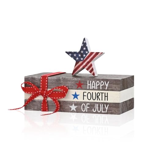 Smile Happy 4th of July Wooden Block Stack with Patriotic Star Decor, Tiered Tray Tabletop Sign for Independence Day Decorations - style: Star