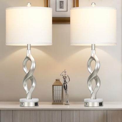 Cinyirong Silver Table Lamps Set of 2 for Living Room, 30" Tall Touch Control Bedside Lamps for Bedroom Nightstand, 3-Way Dimmable Modern Sculptural Table Lamp with USB A+C Ports and 2 LED Bulbs - color: Silver (2 Pack)