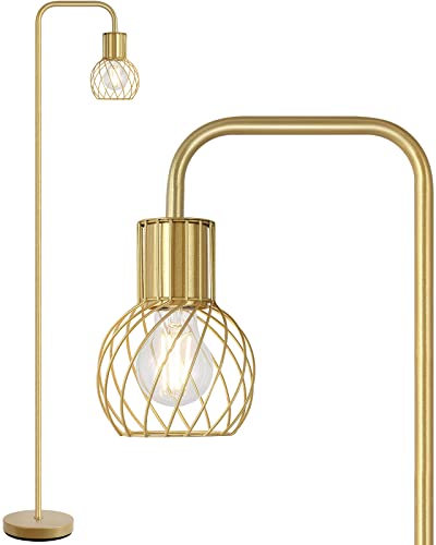 Brass Gold Standing Floor Lamp for Living Room - Modern Industrial Design with 6W LED Bulb, Foot Switch, Metal Tall Stand, Minimalist Farmhouse Boho Style for Bedroom & Office - style: Gold Industrial Floor Lamp