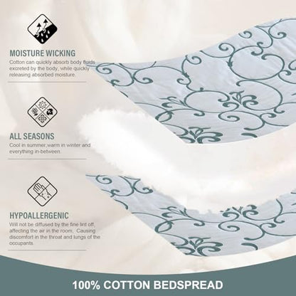 Oversized King Bedspread 120"x120" - 100% Cotton California King Quilt, Embroidered Bedspread Coverlet with Pillow Shams, Lightweight Quilted Bedding Set 3 Piece, Aqua Blue/White - color: White/Aqua Blue(turquoise), size: King/Cal King(120"x120")