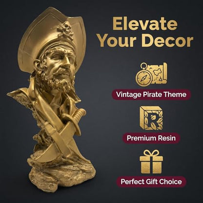 H&W Golden Pirate Figurines - Buccaneer Francis Drake Statue Decoration - color: Pirate-golden