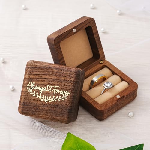 KWOOD Personalized Wooden Wedding Ring Box, Engraved Always &Forever Double Ring Holder, Wedding Ceremony Ring Bearer Box, Anniversary Birthday Gift Idea - style: G-Always & Forever