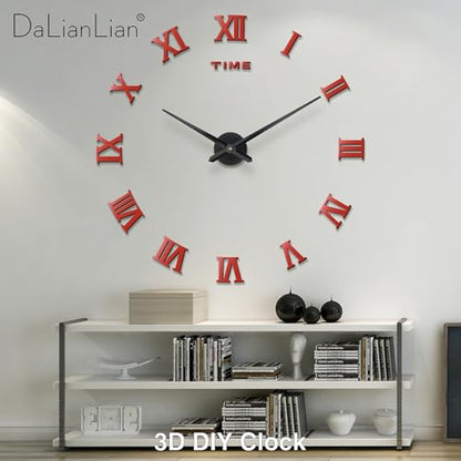 DIY Frameless Wall Clock, 3D, Adjustable Up to 52”, Red - color: Red