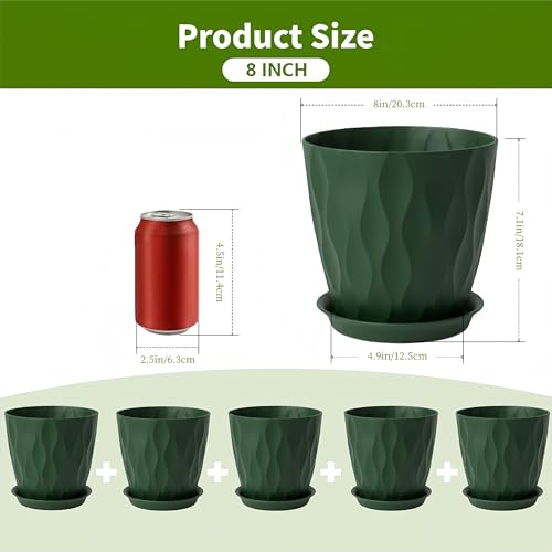 8 Inch Plastic Plant Pots for Plants with Drainage Holes and Saucer, 6 Pack - color: Deep Green 8 Inch