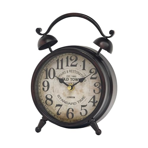 Vintage Dark Brown Desk Clock, Decorative Table Clock with Bell Top, Silent Non-Ticking Mantel Clock for Living Room or Bedroom, Wood Dial, Battery Operated - color: Dark Brown