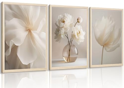 DIACEES 3 Pcs White Peony Wall Art Beige Floral Wall Decor Neutral Modern Aesthetic Poster Canvas Prints Perfect for Gallery, Bedroom, Living Room Home Wall Decor Ready to Hang (12x16 In poster) - color: White Peony poster, size: 12L" x 16W"
