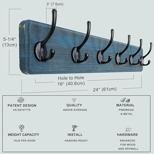 Dseap Coat Rack Wall: 24" Long, Patented, Heavy-Duty, 6-Double-Hooks Wooden Wall Mounted Coat Rack Coat Hanger Hook Rail for Winter Coats Hat Jacket Clothing, Weathered Blue, Pack of 2 - color: Weathered Blue & Black, size: L=24"(2pcs)