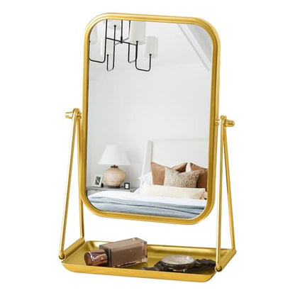 Gold Desk Mirror with Storage Rectangular Tabletop Vanity Mirror - color: Rectangular-gold