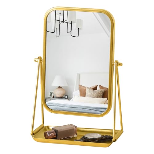 Gold Desk Mirror with Storage Rectangular Tabletop Vanity Mirror - color: Rectangular-gold