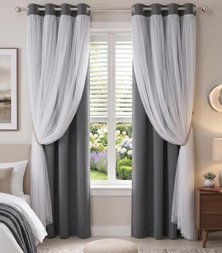 Dark Grey Blackout Curtains with White Sheer Overlay for Girls Bedroom/Drom - color: Grey, size: 52"W x 63"L (Pack of 2)