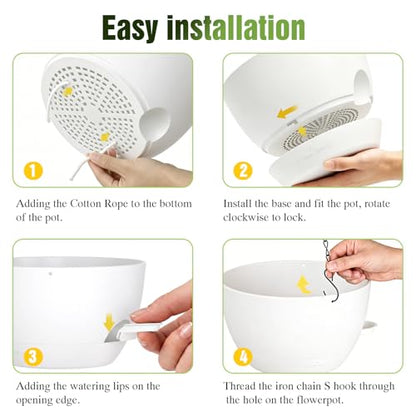 8 Inch Self Watering Hanging Planters Set of 3 with Saucers - color: White, size: 8 Inch 3 Pack