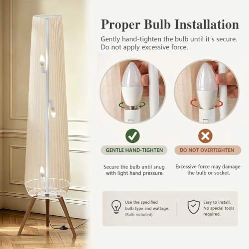 61'' Oatmeal Fabric Pleated Floor Lamp, Walnut Wood Tripod Base